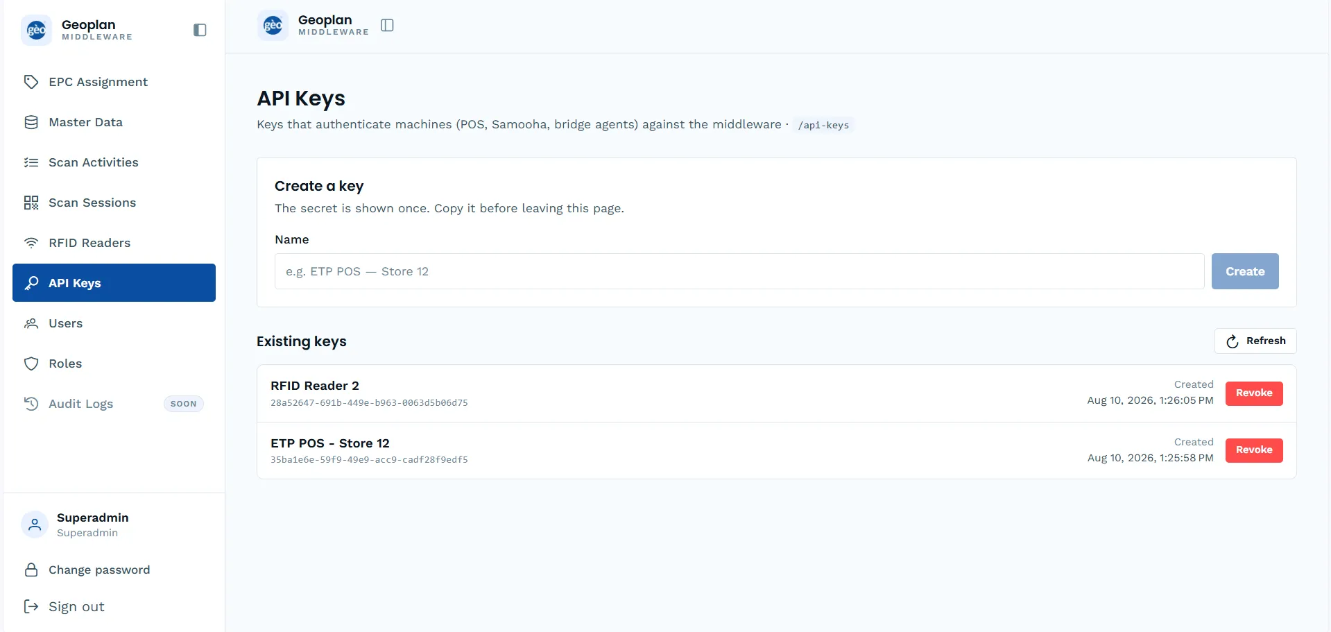 Geoplan Middleware dashboard: API Keys page showing existing keys